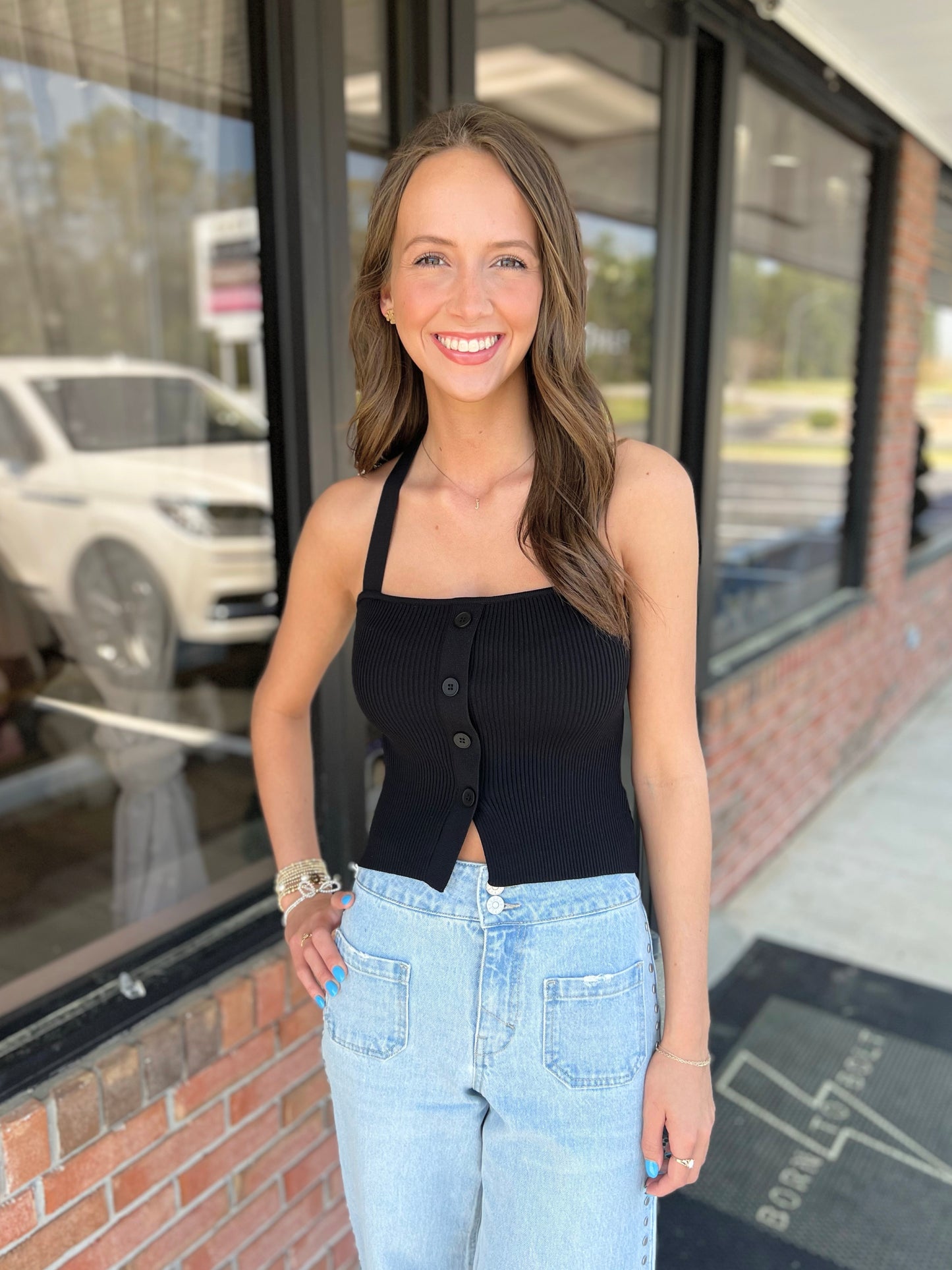 Button Front Halter Knit Top
