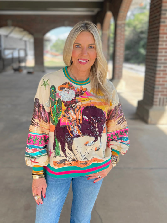 QOS Vintage Cowboy Santa Sweatshirt