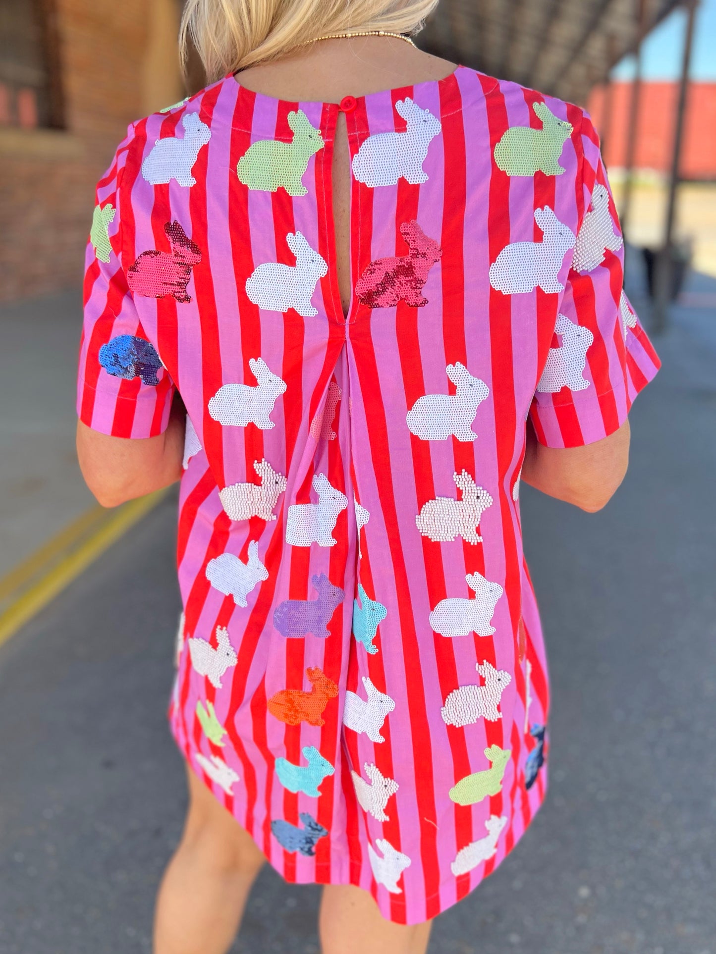 QOS Stripe Scattered Bunny Dress