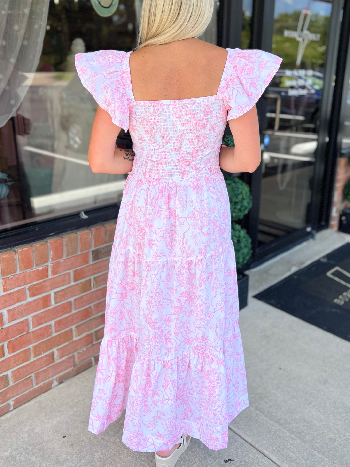 Pink Bow Toile Smocked Flutter Sleeve Dress