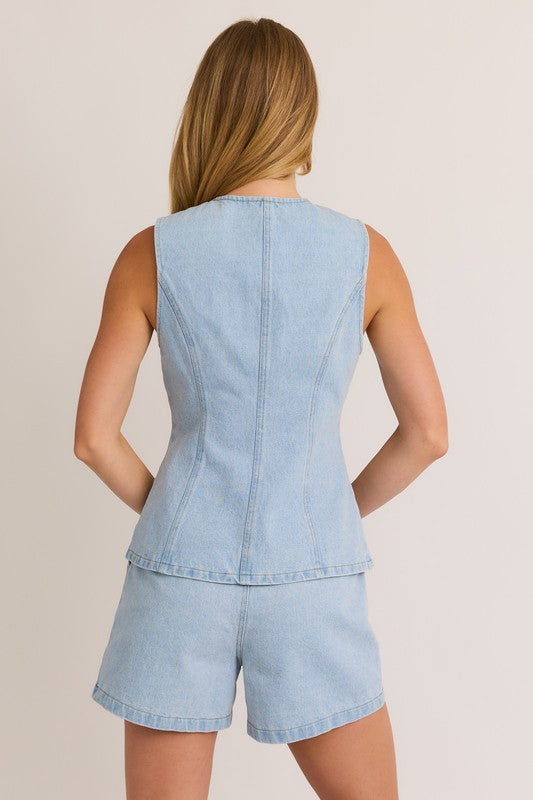 Denim Button Front Sleeveless Top