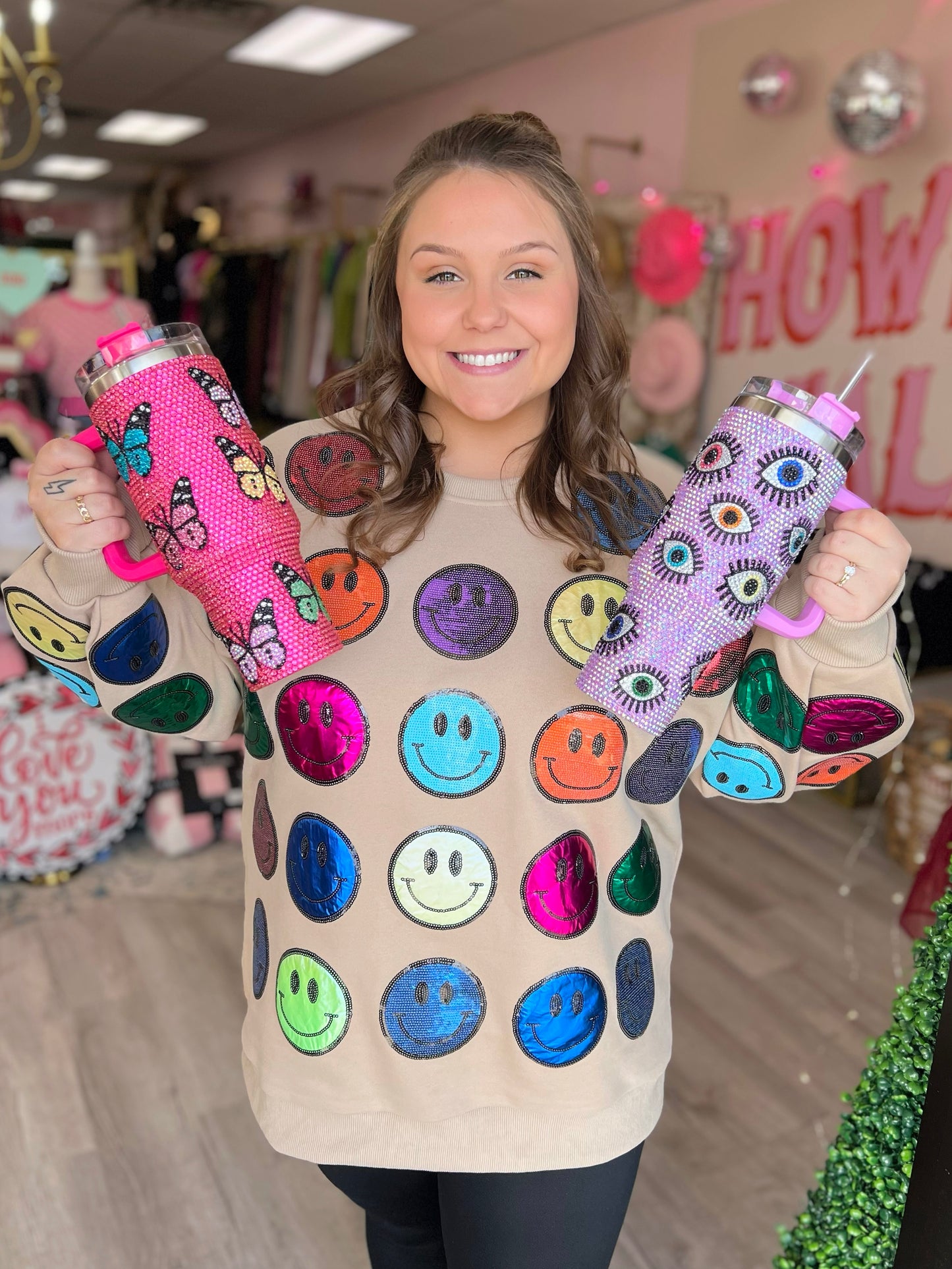 QOS Tan & Rainbow Scattered Smiley Face Sweatshirt