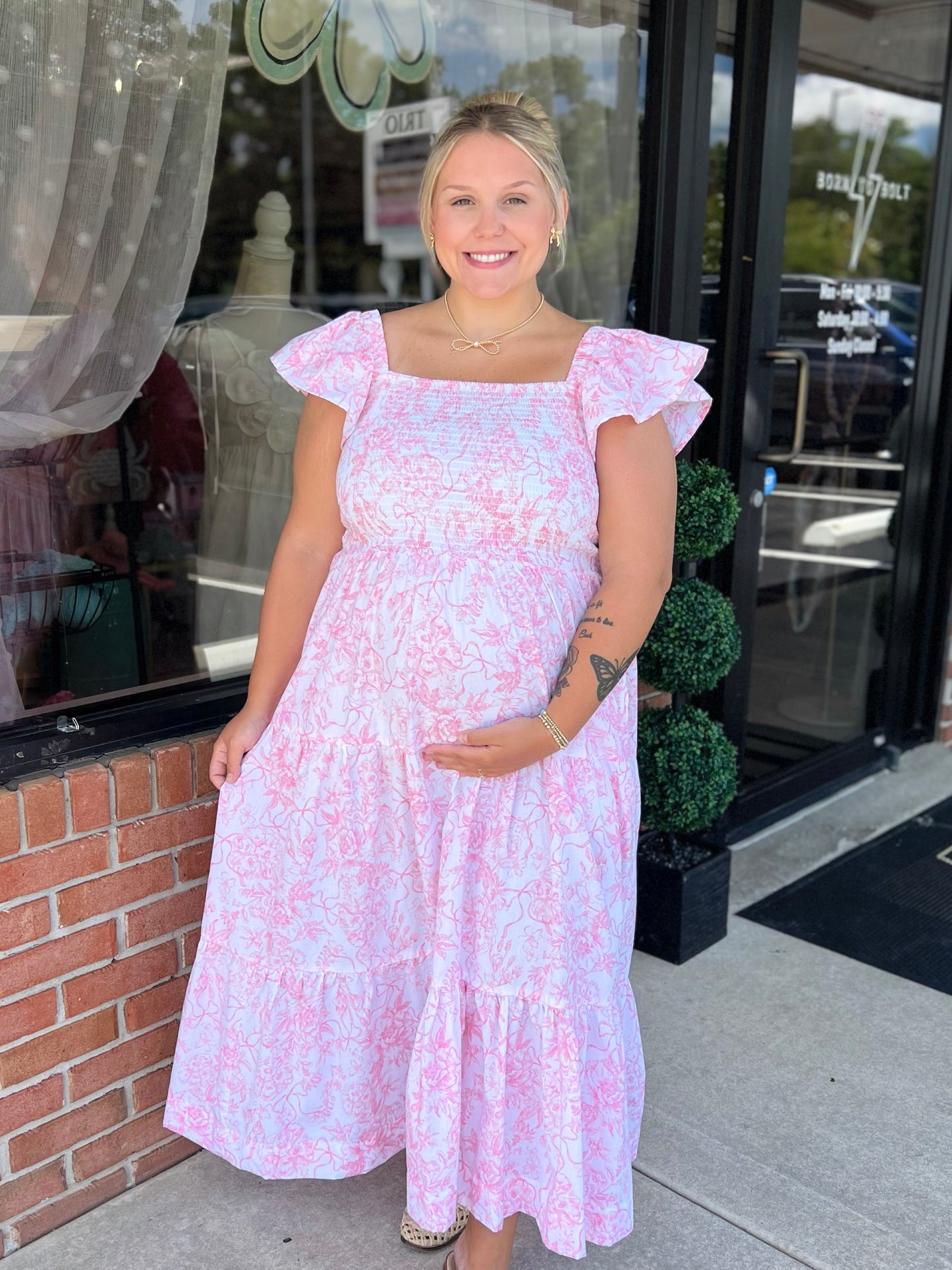 Pink Bow Toile Smocked Flutter Sleeve Dress
