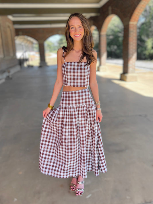 Gingham Flared Maxi Skirt