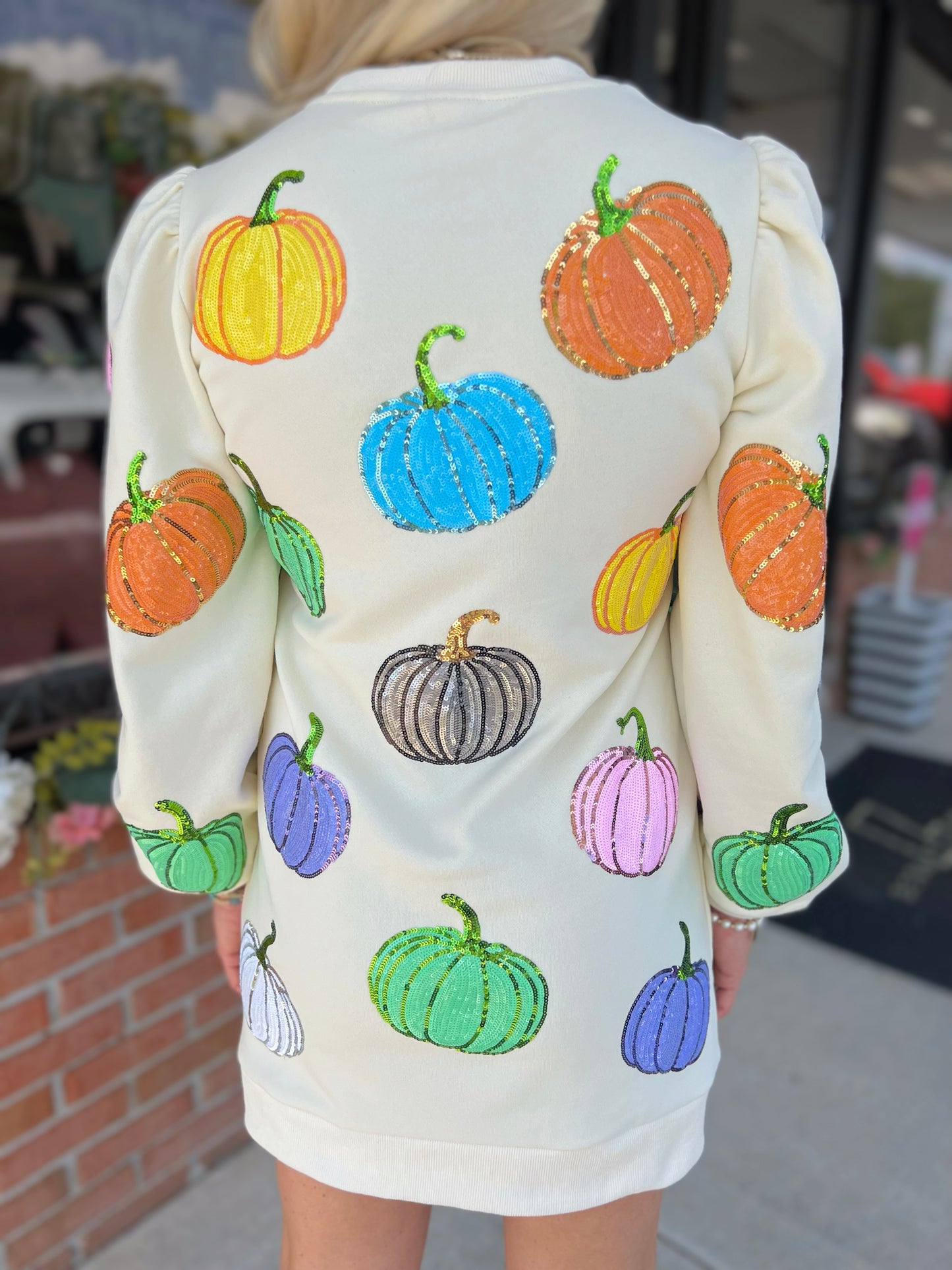 QOS Multi Pumpkin Sweatshirt Dress