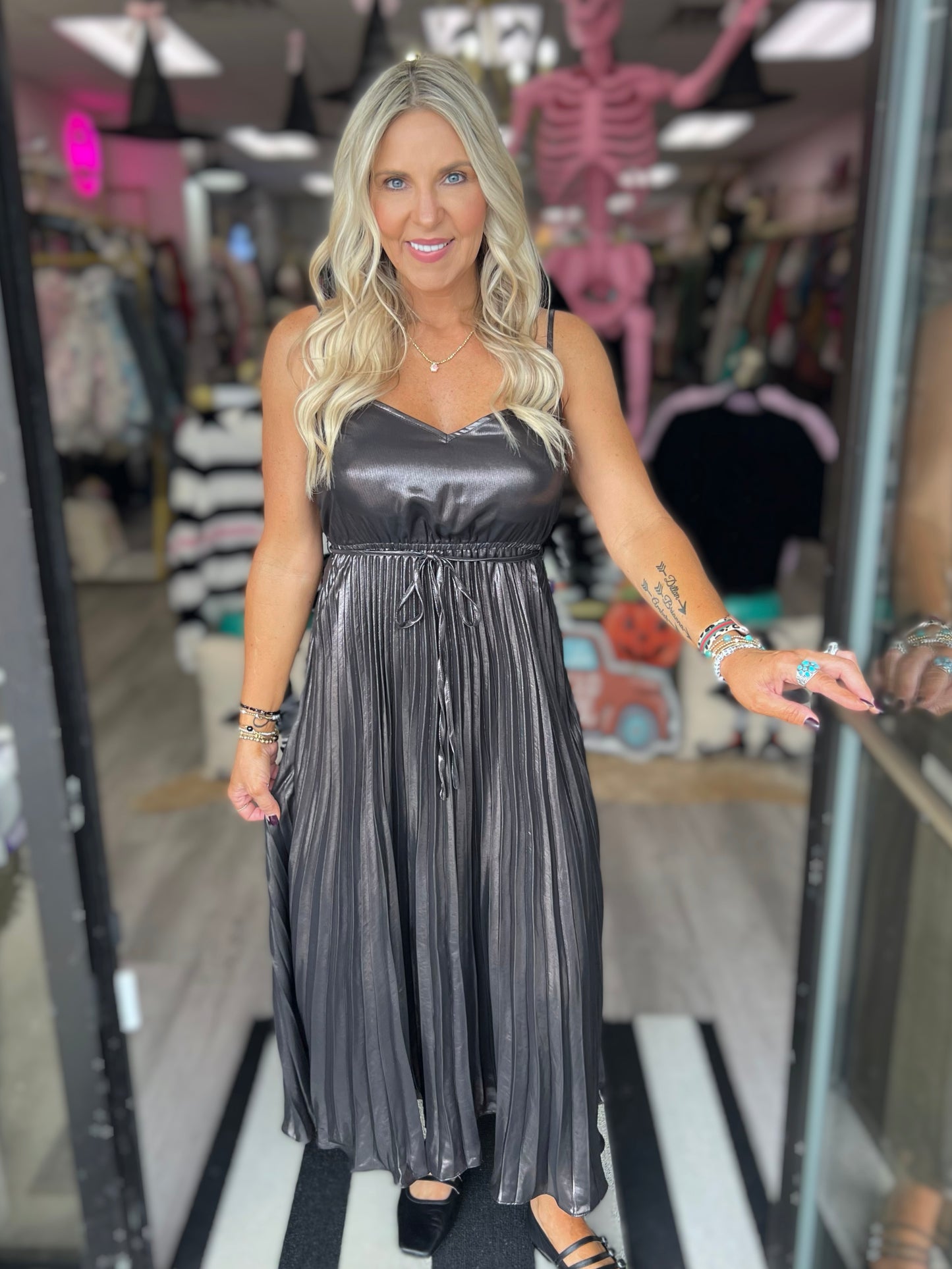 Metallic Pleated Dress