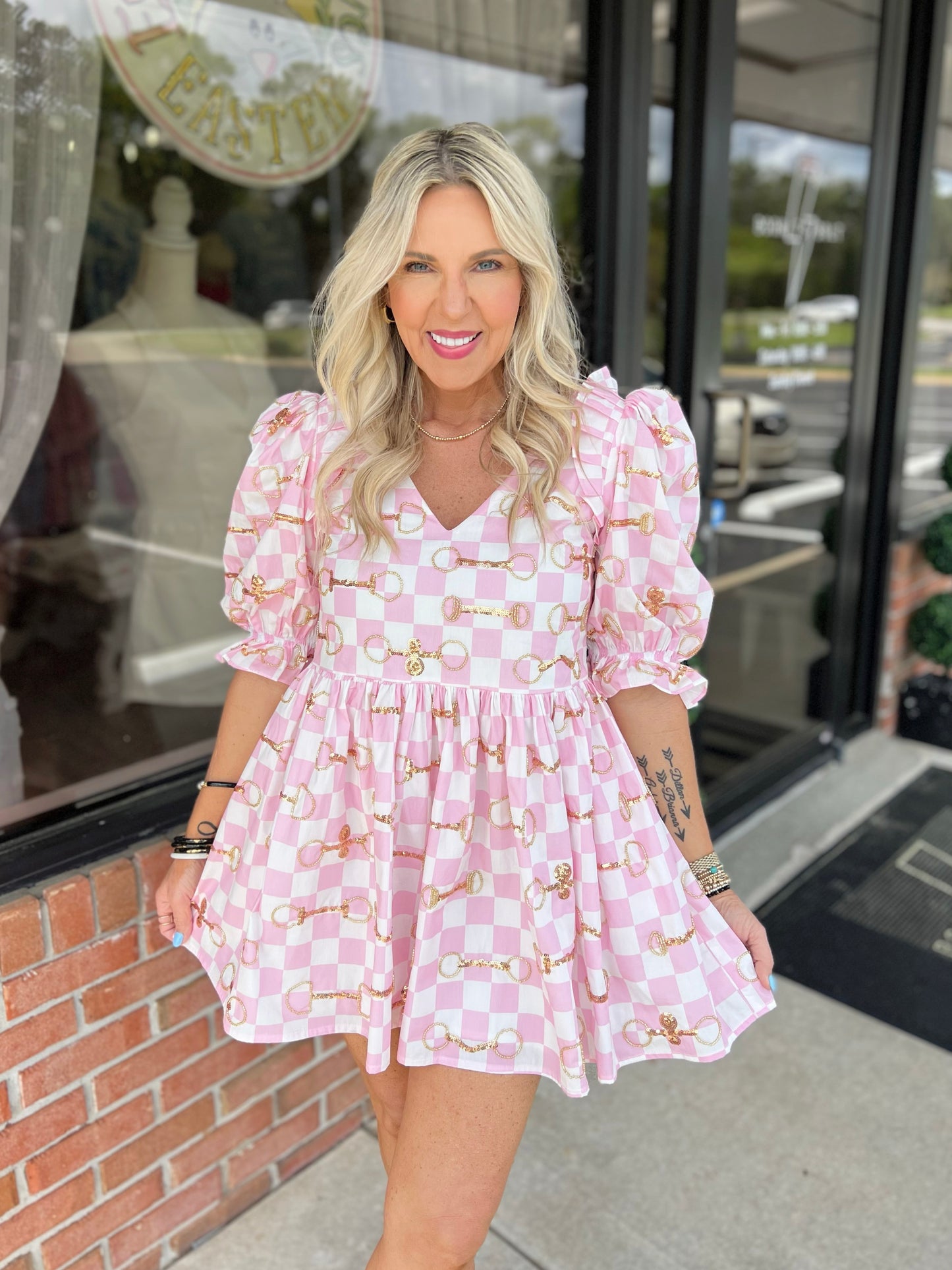 QOS Pink & White Checkered Horse Bit Dress