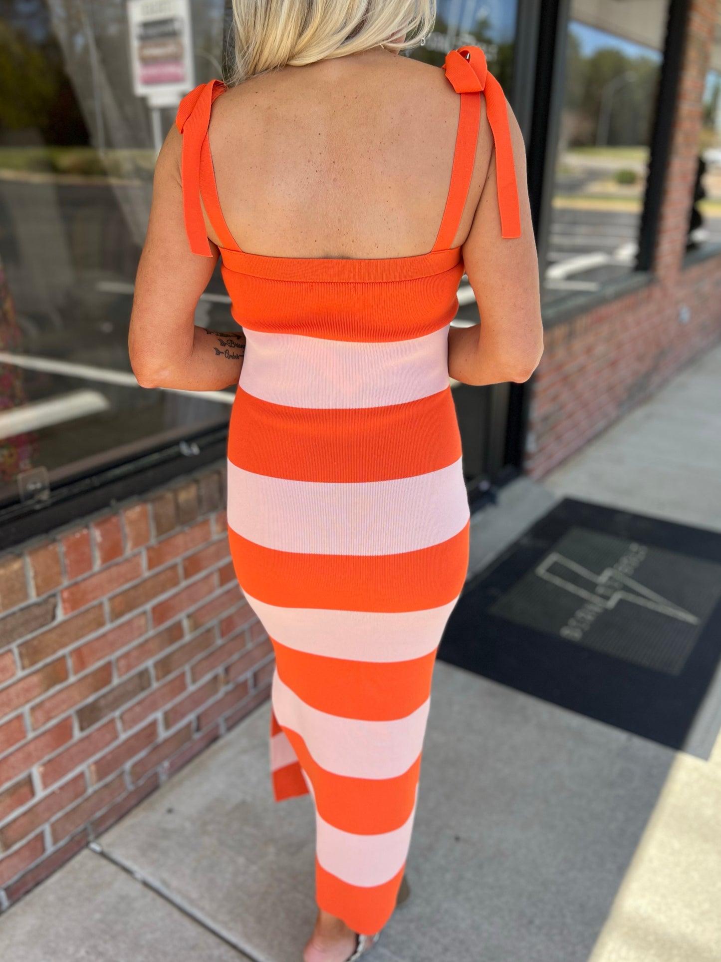 Bow Shoulder Stripe Maxi Dress