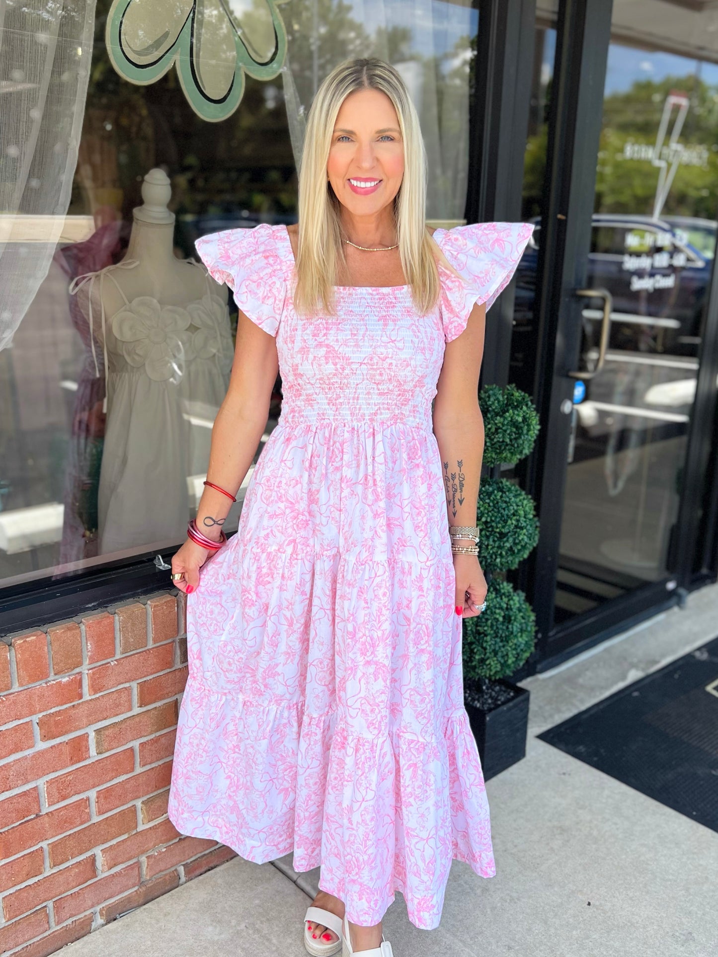 Pink Bow Toile Smocked Flutter Sleeve Dress