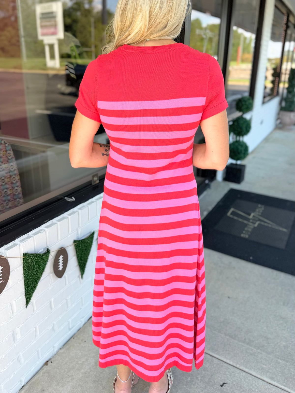 QOS Striped Knit Multi Ornament Midi Dress