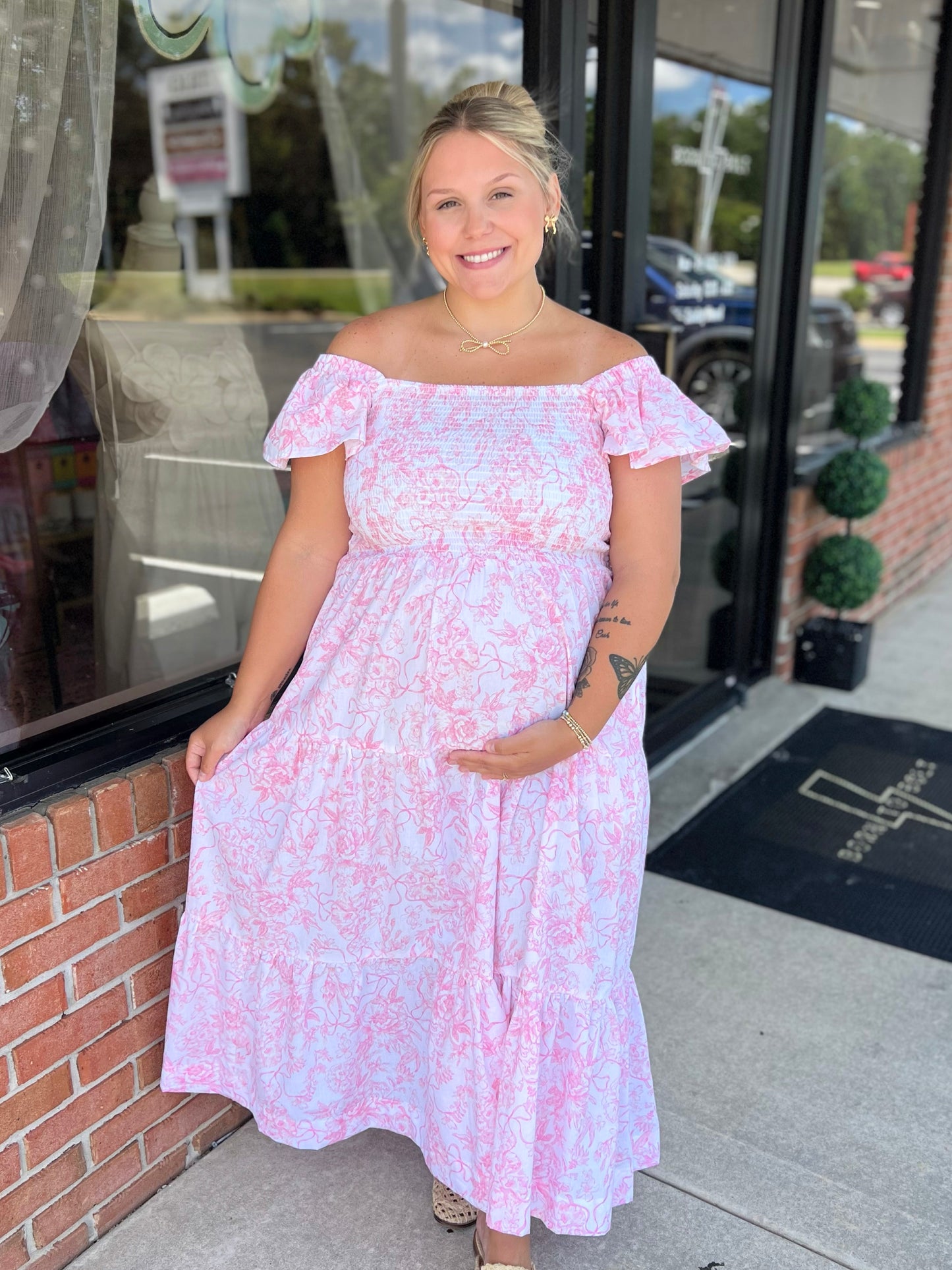 Pink Bow Toile Smocked Flutter Sleeve Dress