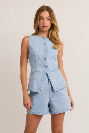 Denim Button Front Sleeveless Top