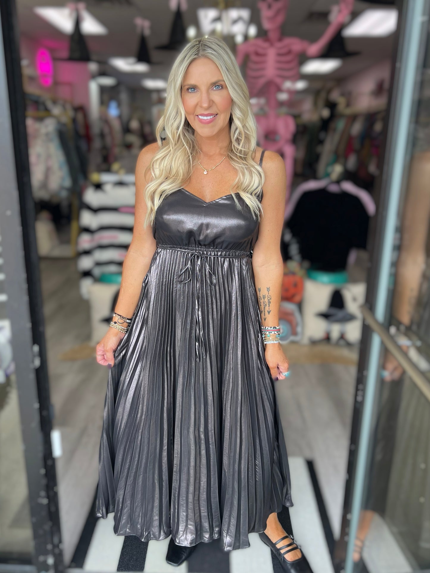 Metallic Pleated Dress