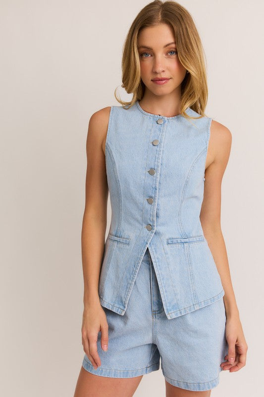 Denim Button Front Sleeveless Top