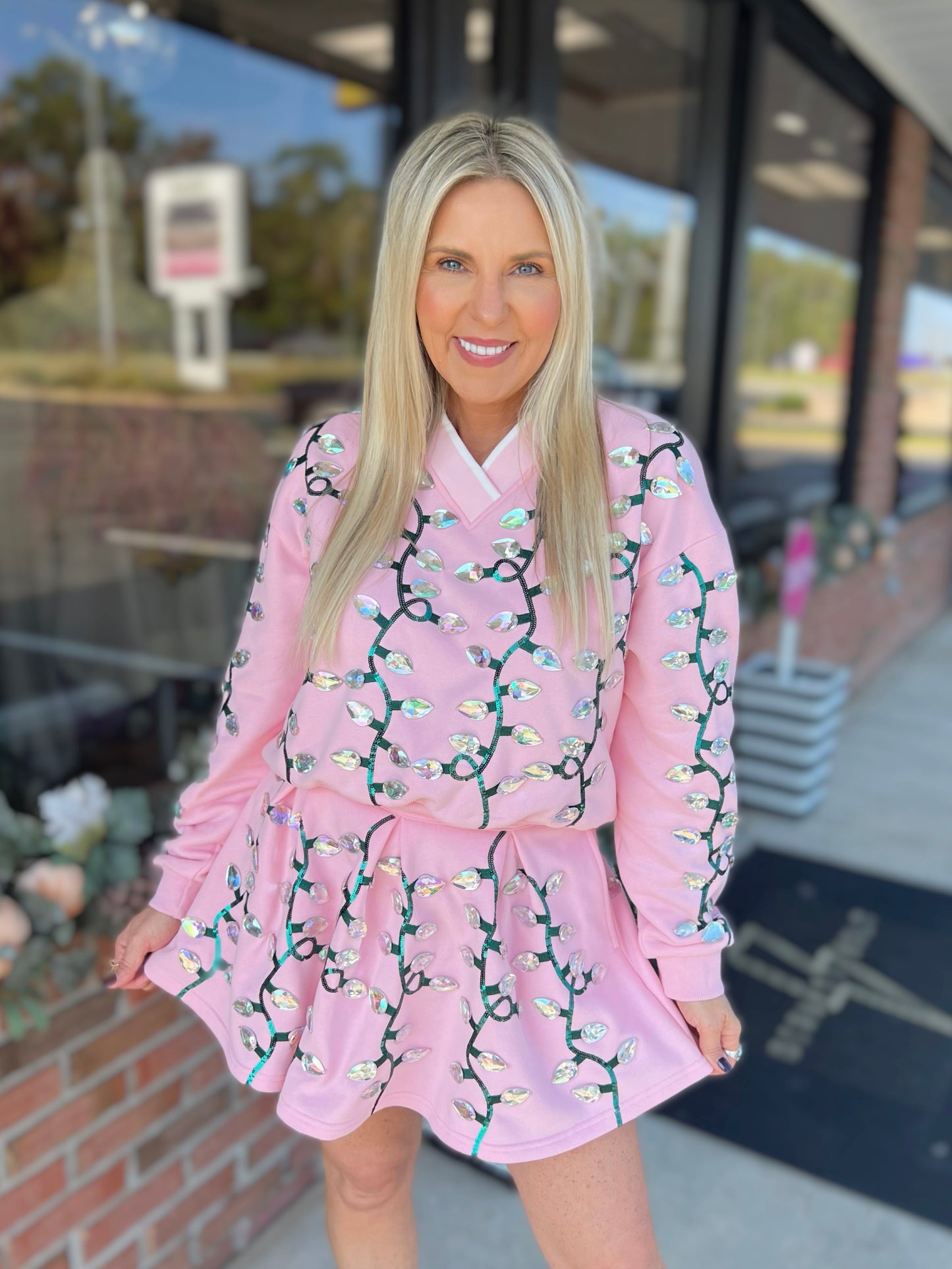 QOS Clear Jeweled Christmas Light Sweatshirt