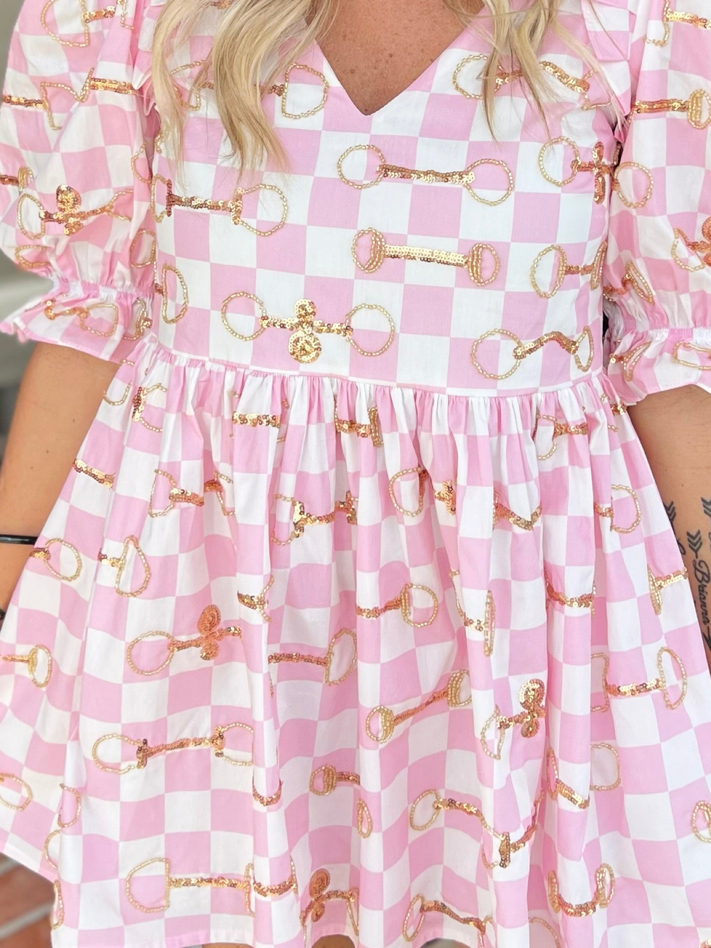 QOS Pink & White Checkered Horse Bit Dress