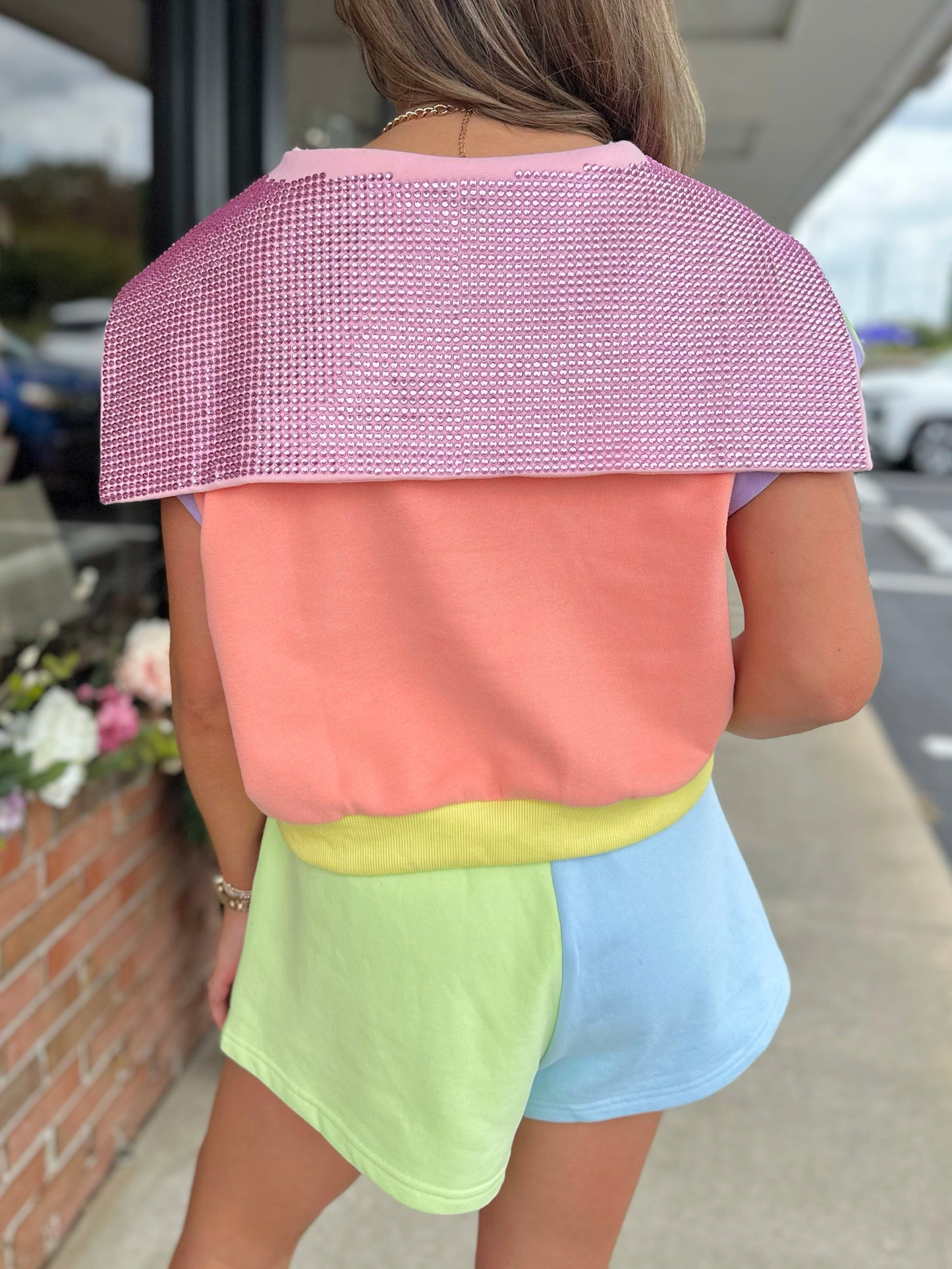 QOS Pastel Colorblock Rhinestone Pocket Shorts