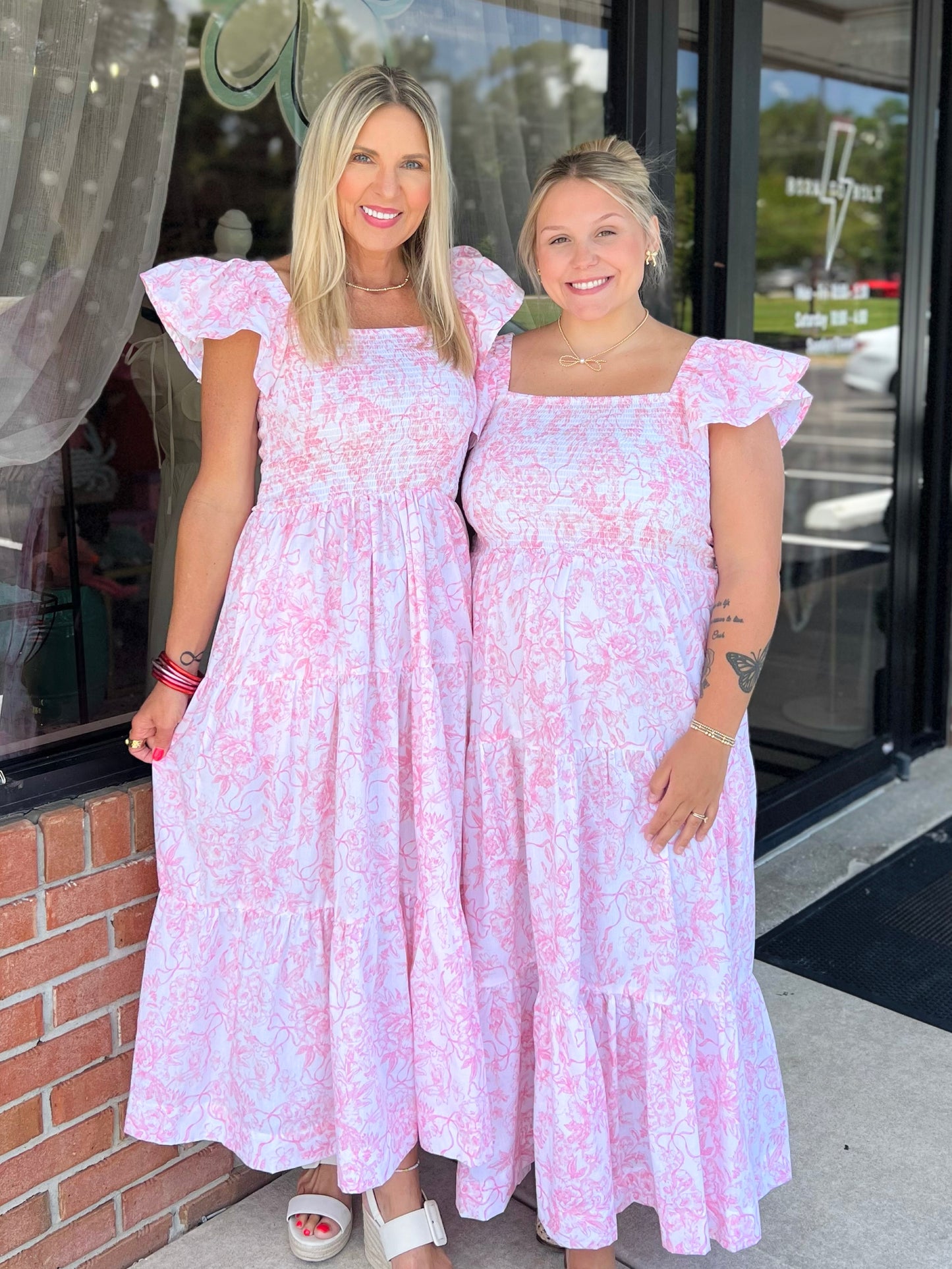 Pink Bow Toile Smocked Flutter Sleeve Dress