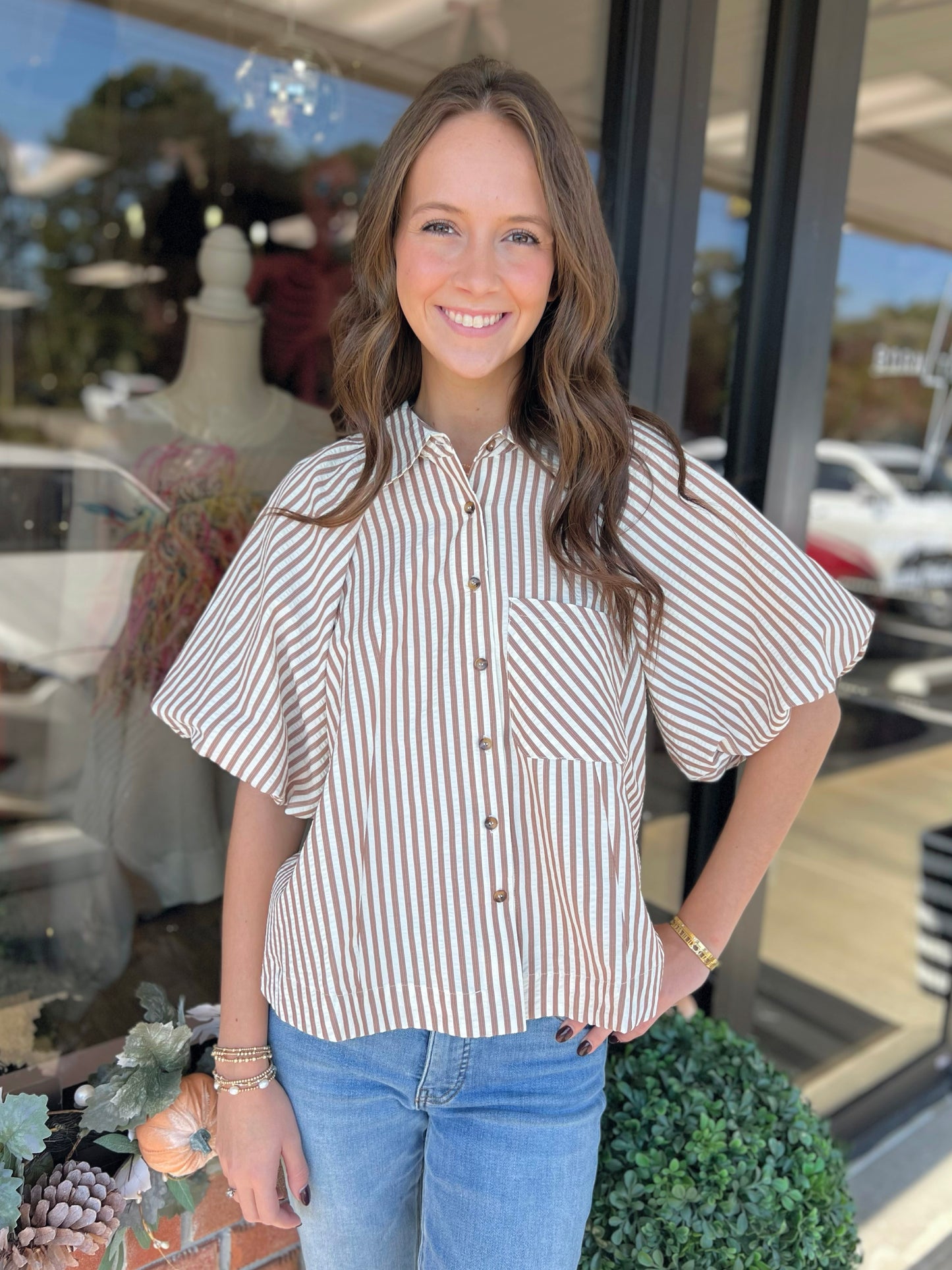Striped Bubble Sleeve Button Down