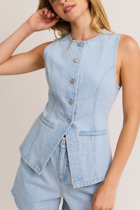Denim Button Front Sleeveless Top