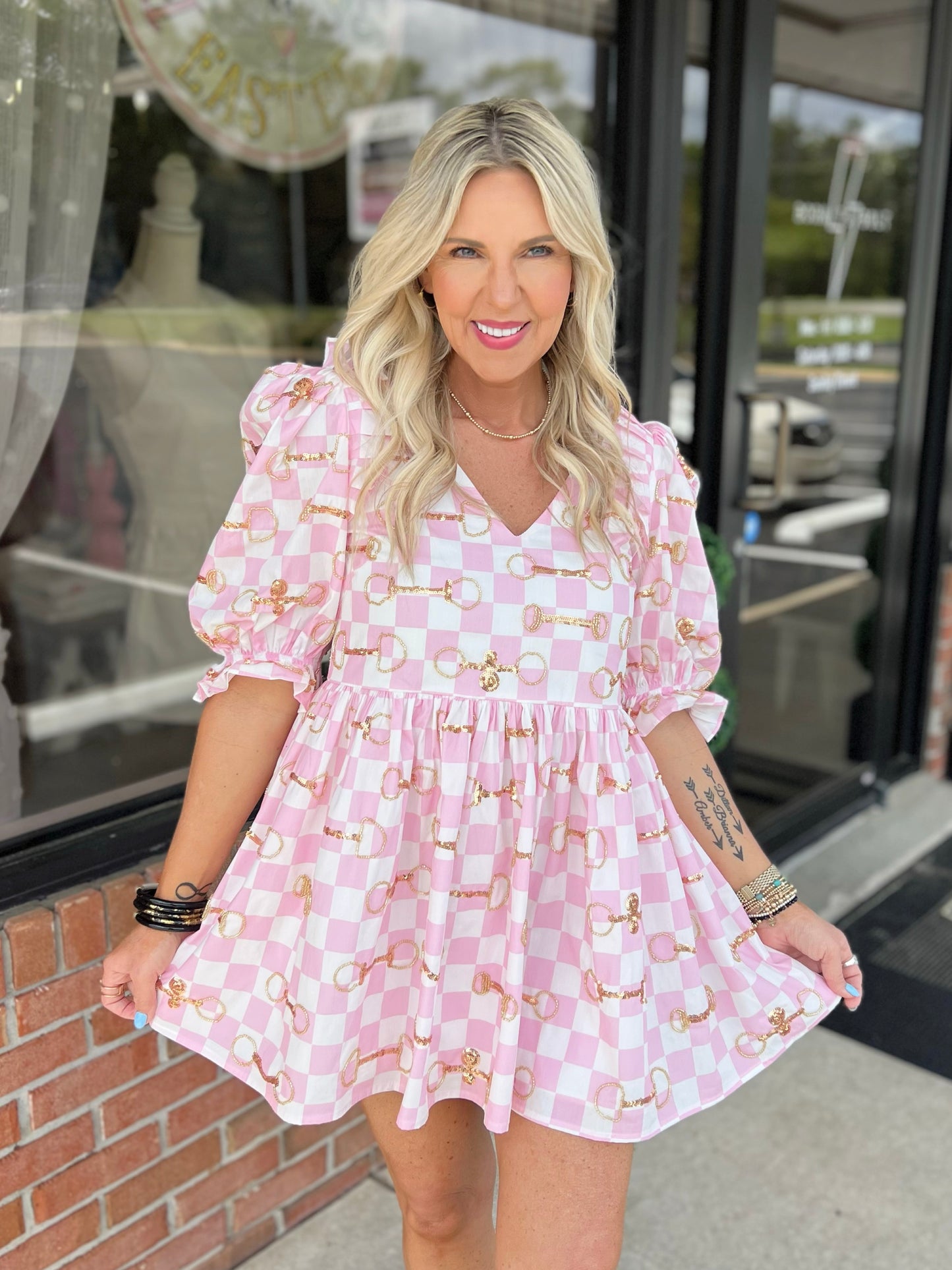 QOS Pink & White Checkered Horse Bit Dress