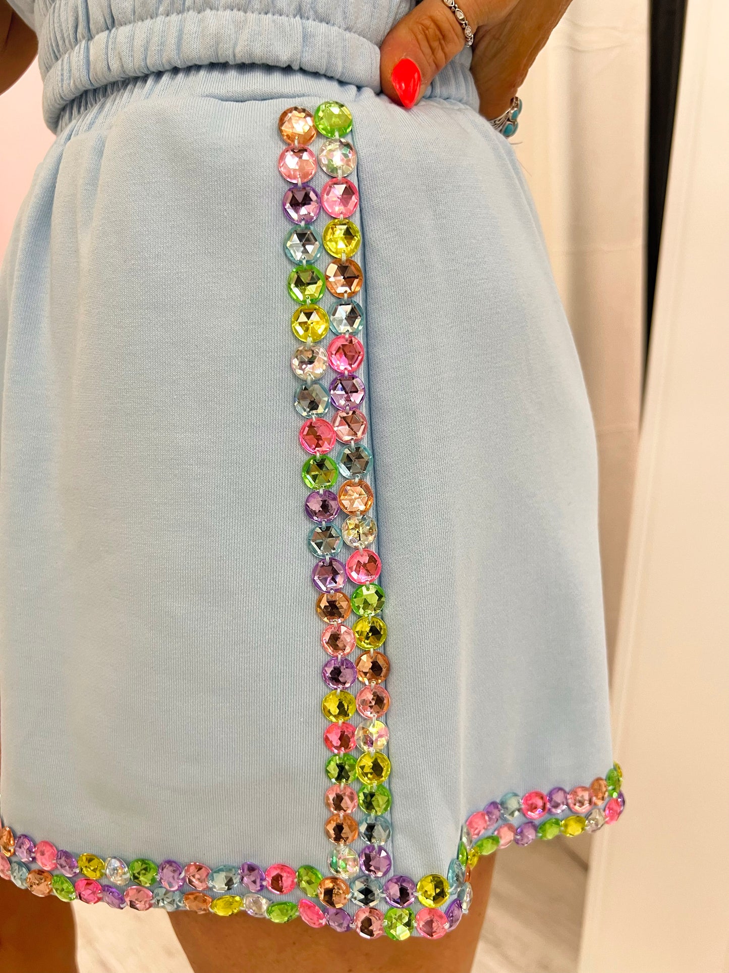 QOS Light Blue & Rainbow Jewel Trim Short