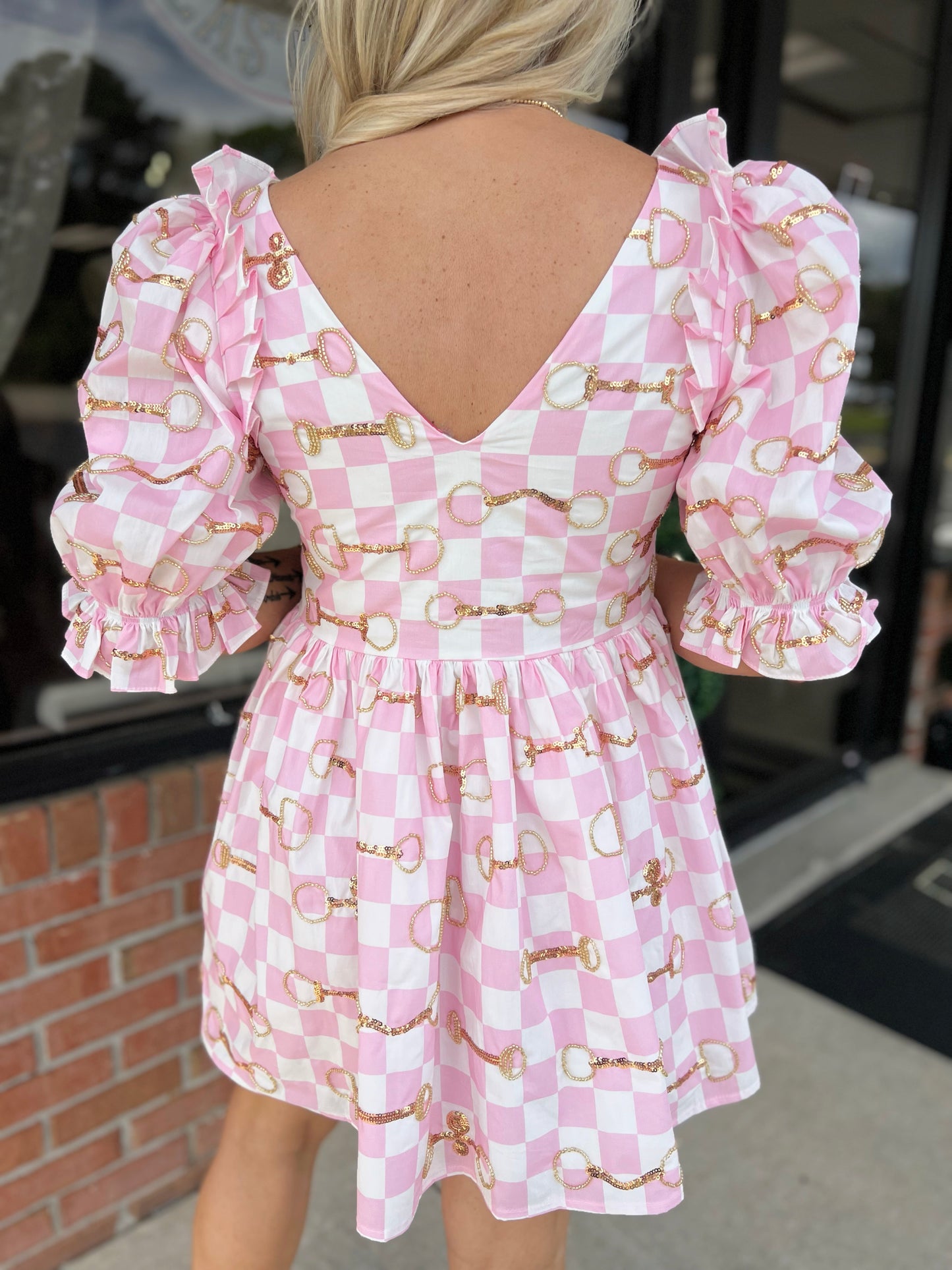 QOS Pink & White Checkered Horse Bit Dress
