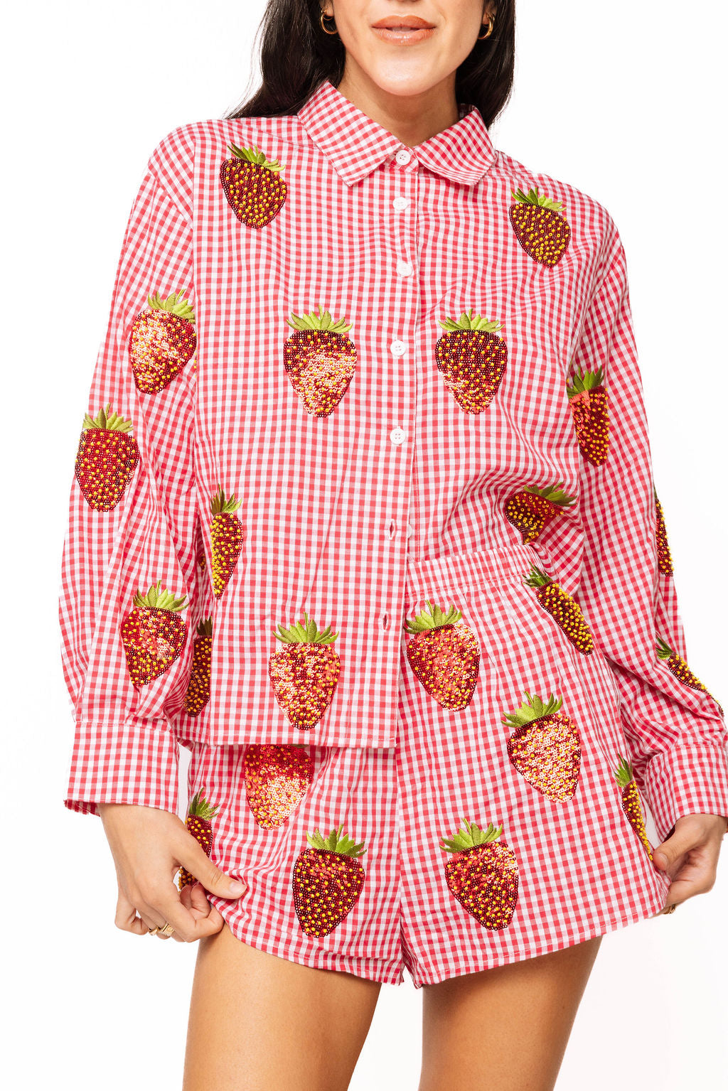 QOS Gingham Beaded Strawberry Button Up Top