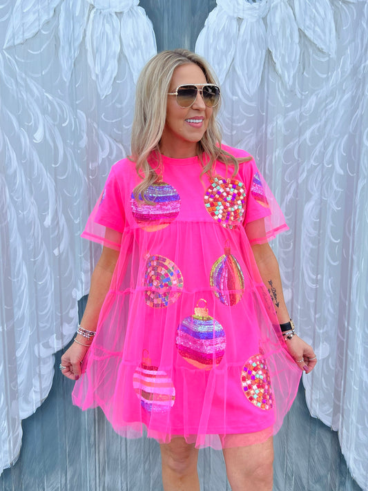 QOS Neon Pink Mesh Overlay Ornament Dress