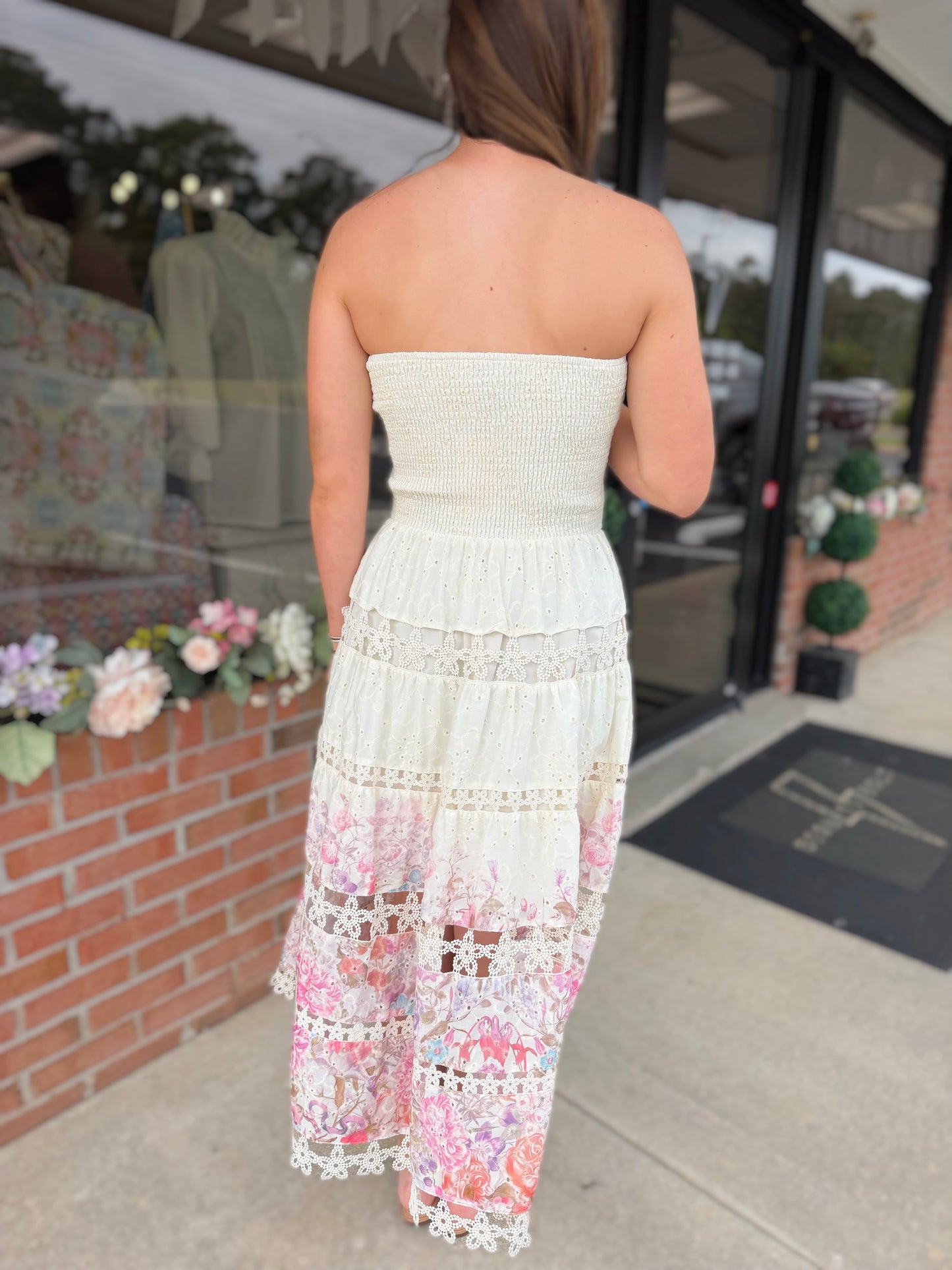 Eyelet Lace Tube Dress In Floral Print