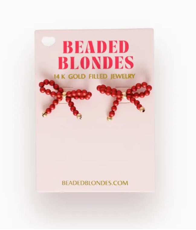 Beaded Blondes Red Pearl Bow Earrings