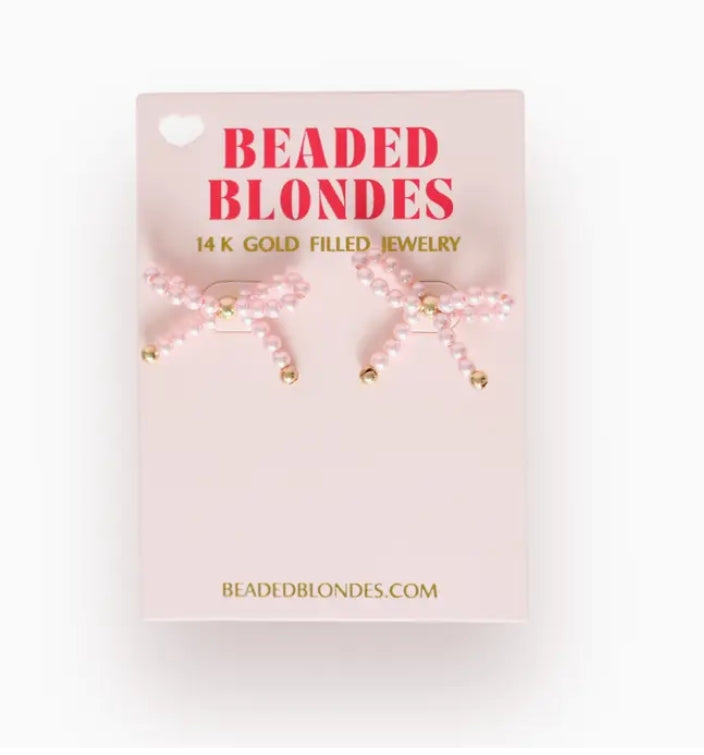 Beaded Blondes Pink Pearl Bow Earrings