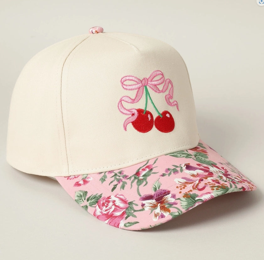 Cherry Ribbon Embroidery Floral 2-Tone Trucker Hat