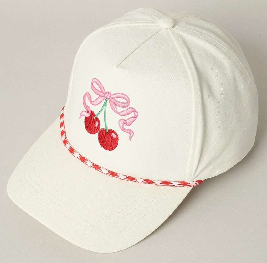 Cherry Ribbon Image Embroidery 5 Panel Trucker Hat