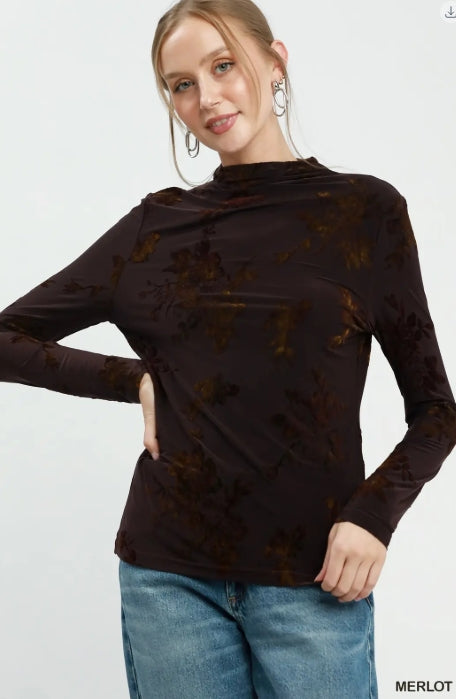 Velvet Floral Mock Neck Top