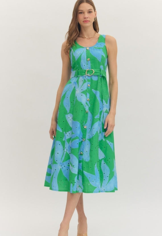 Botanical Print Belted Dress