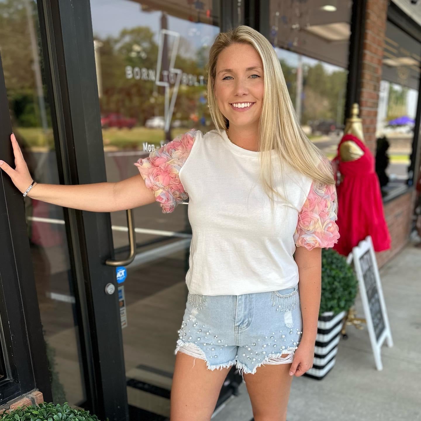 Pearl & Rhinestone Distressed Shorts