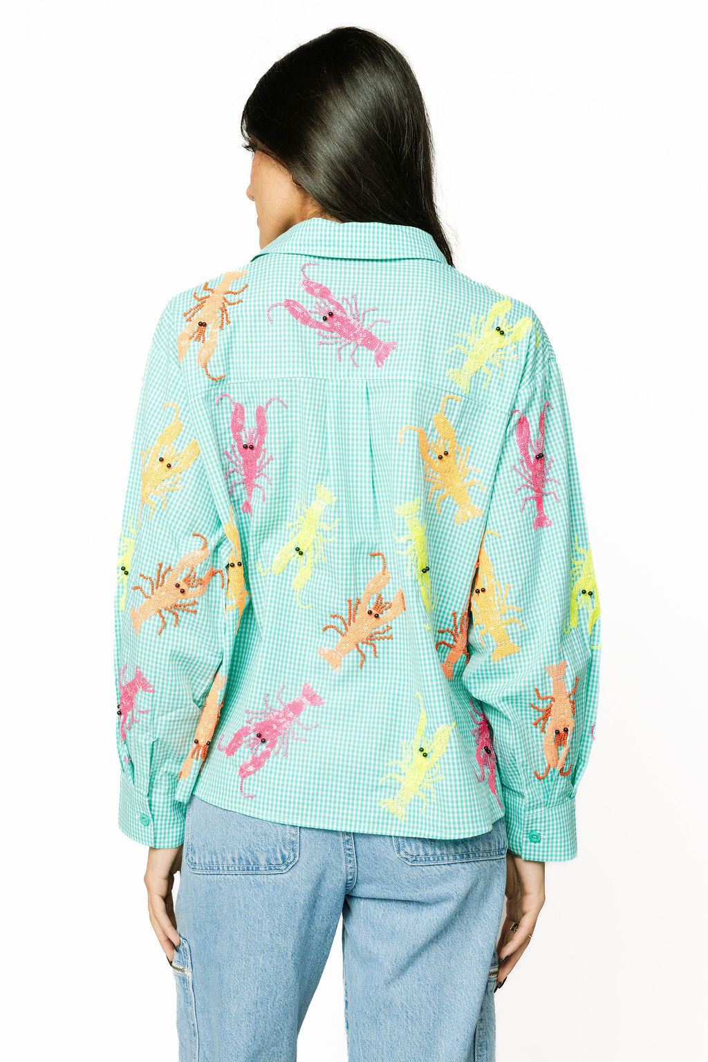 QOS Gingham Neon Crawfish Button Up