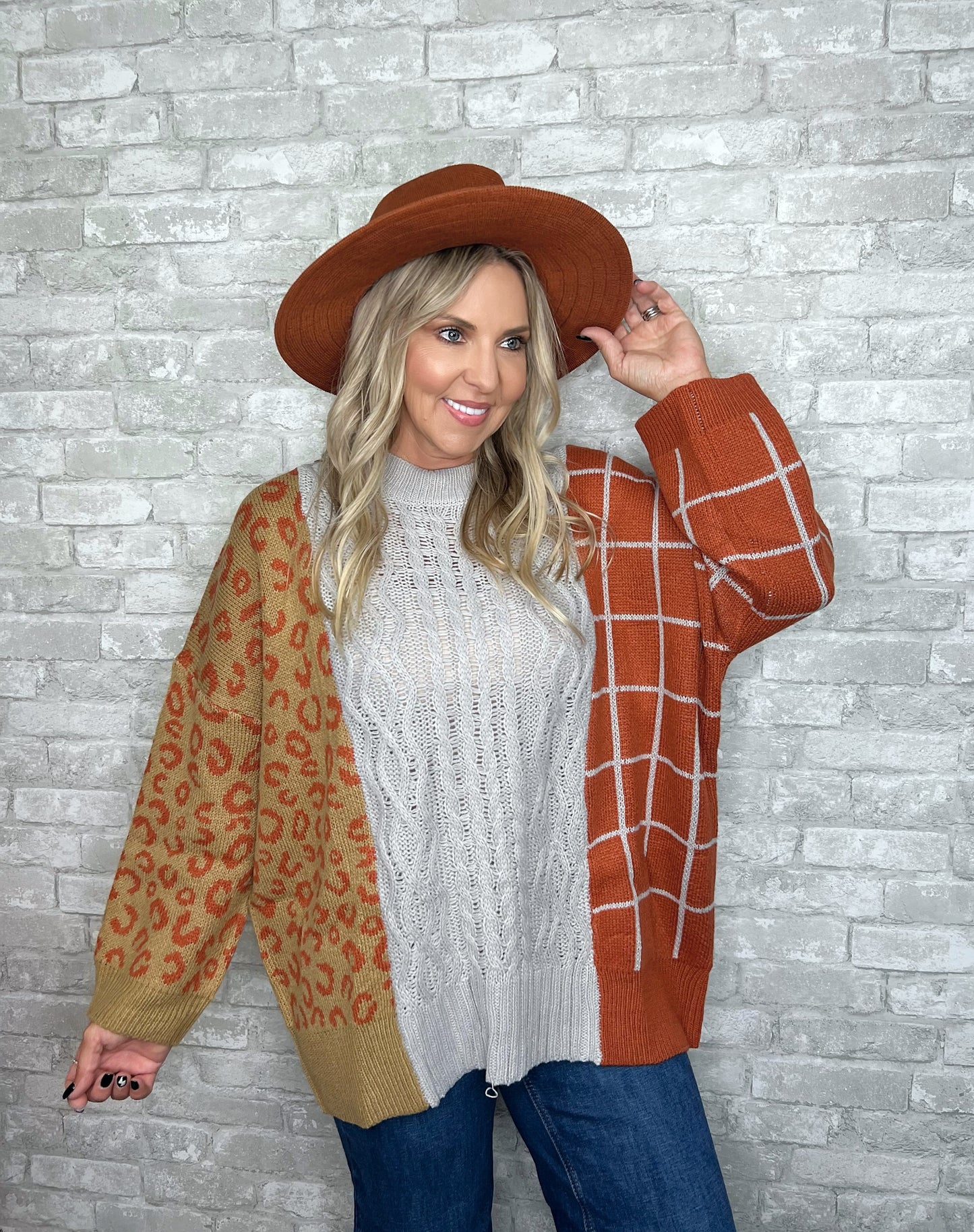 Relaxed Multi-Print Rust Sweater