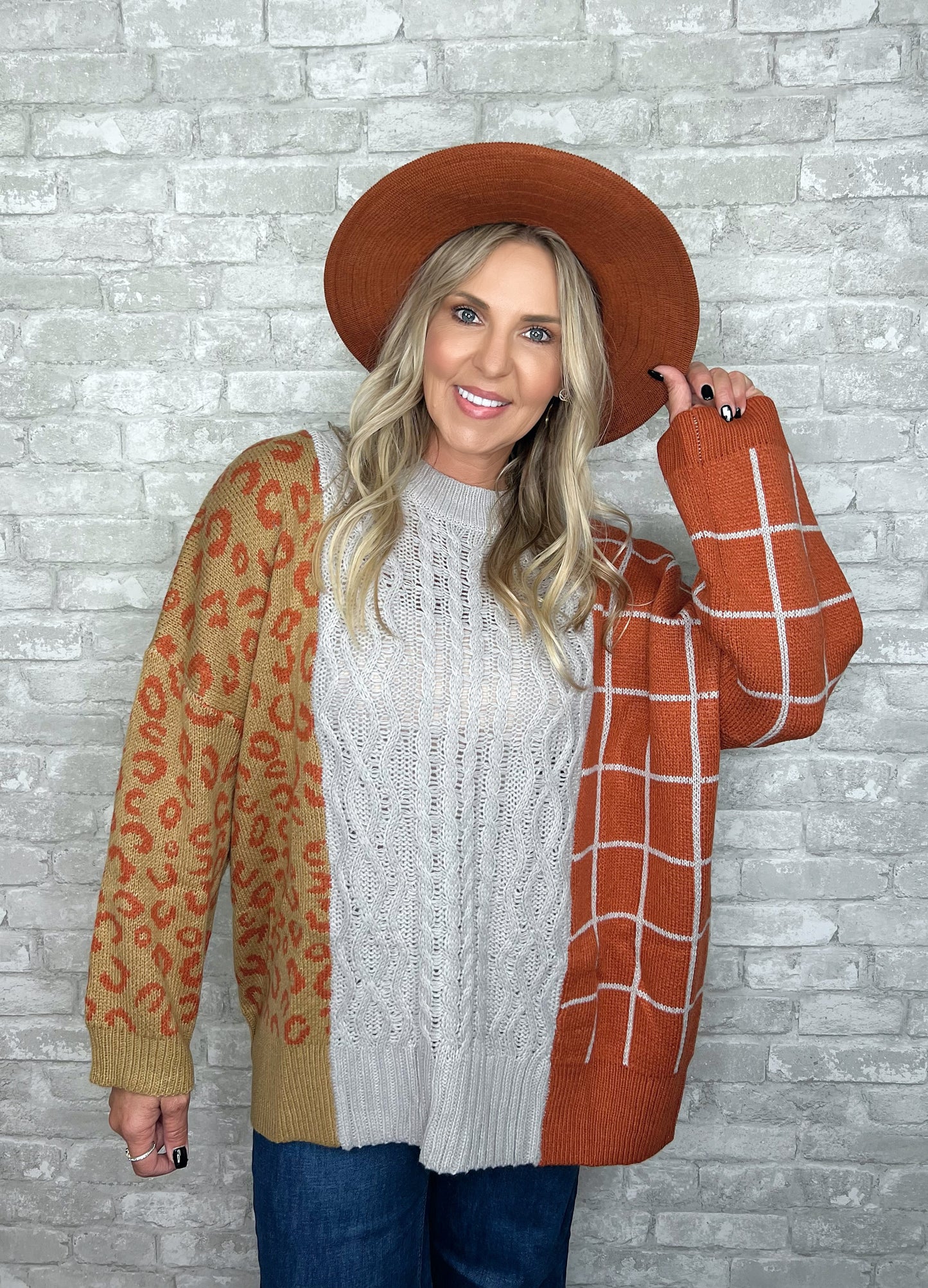 Relaxed Multi-Print Rust Sweater