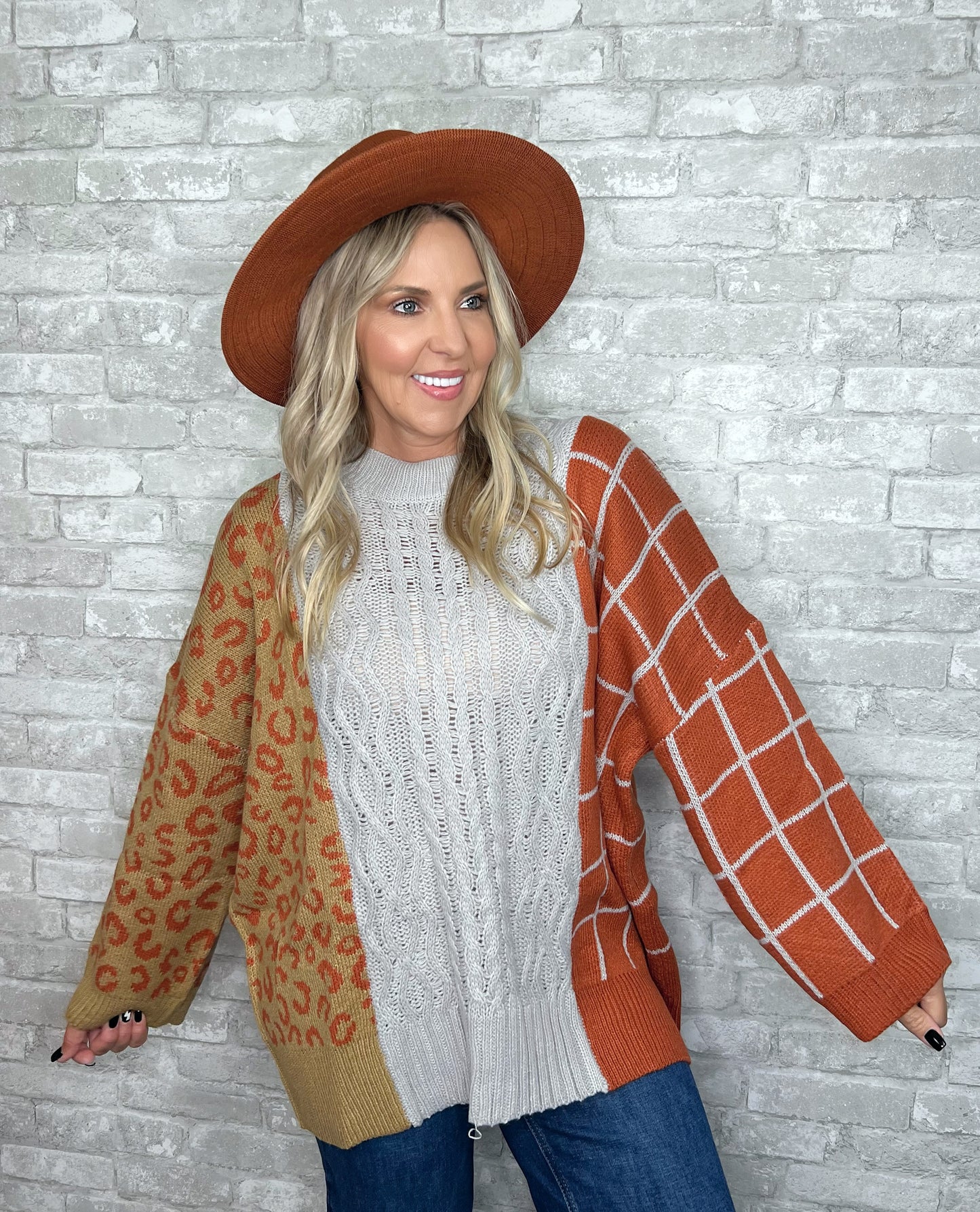 Relaxed Multi-Print Rust Sweater
