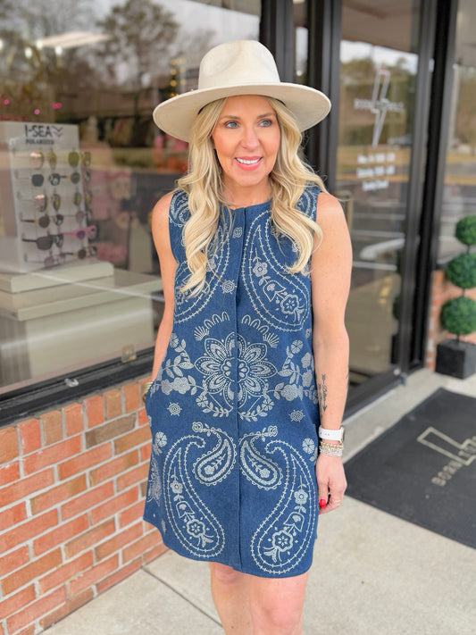 QOS Denim Paisley Tank Dress