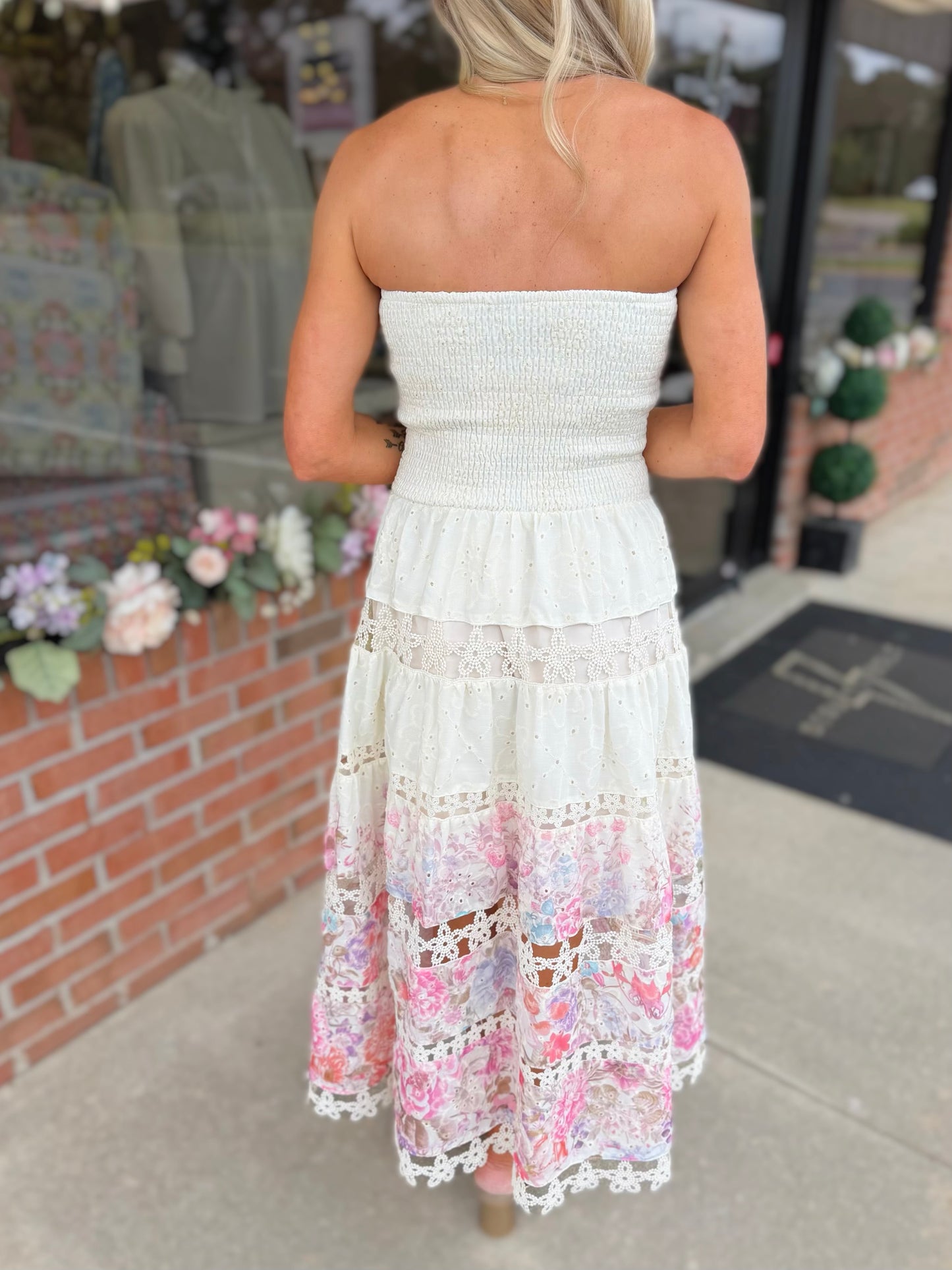 Eyelet Lace Tube Dress In Floral Print