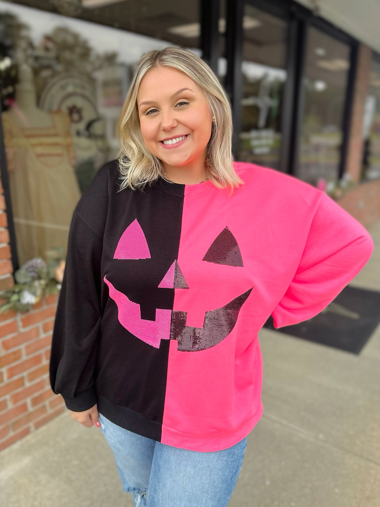 QOS Split Pumpkin Face Sweatshirt