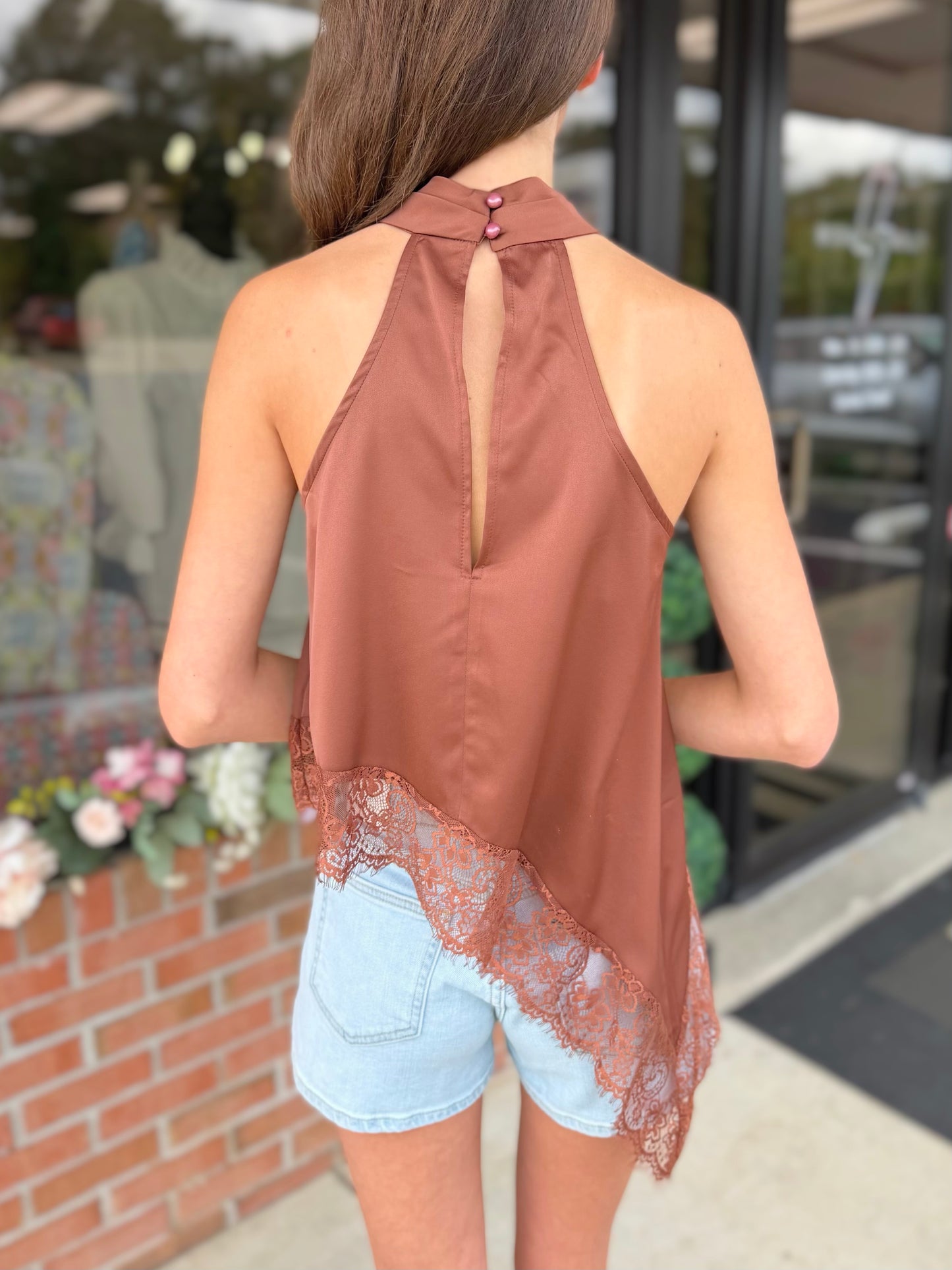 Lace Trim Satin Halter Top