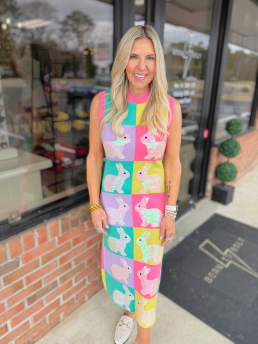 QOS Checkered Easter Bunny Midi Dress