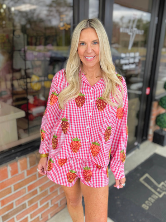 QOS Gingham Beaded Strawberry Button Up Top