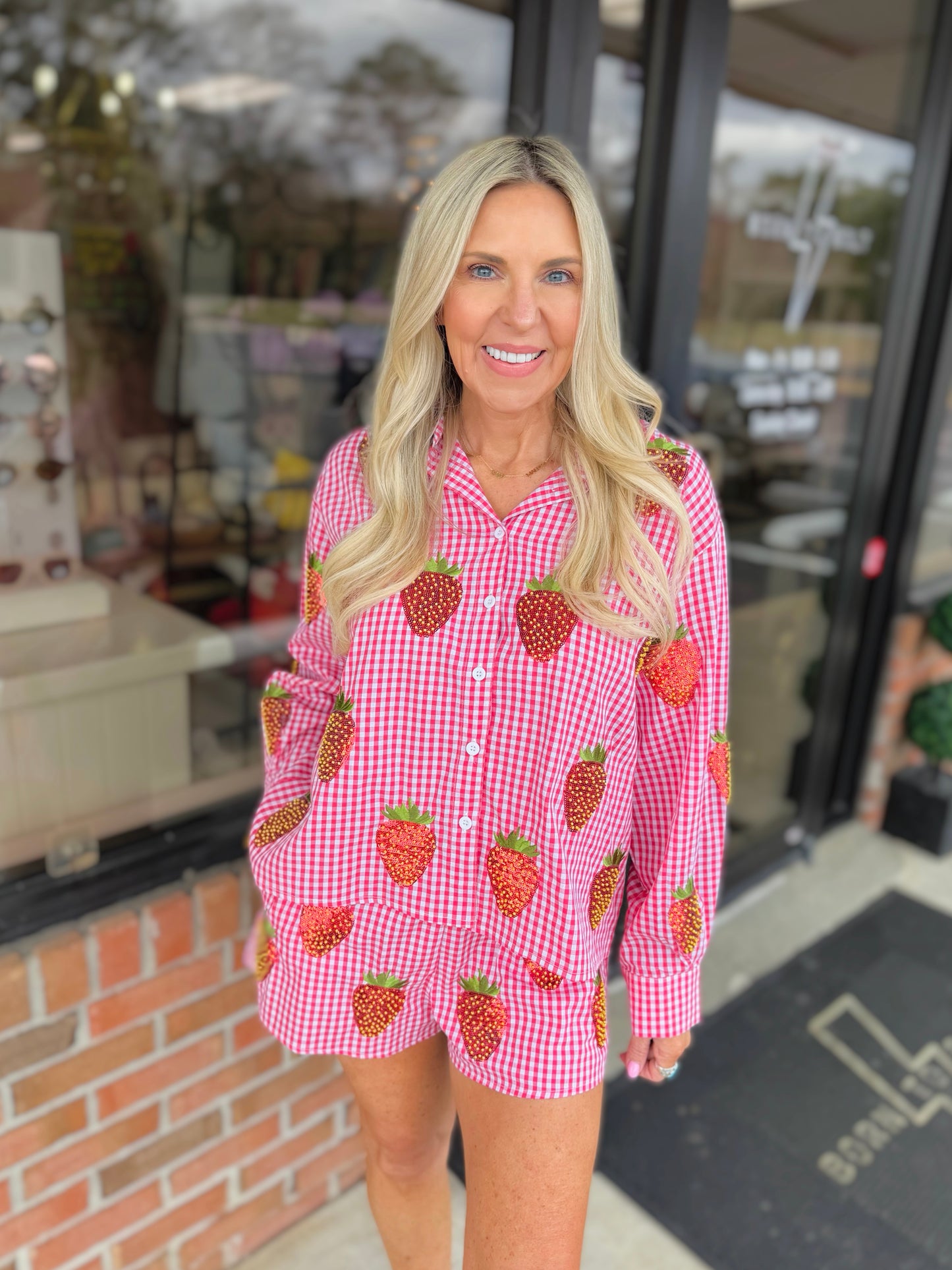 QOS Gingham Beaded Strawberry Shorts