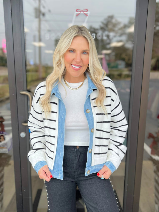 Stripe Knit & Denim Cardigan