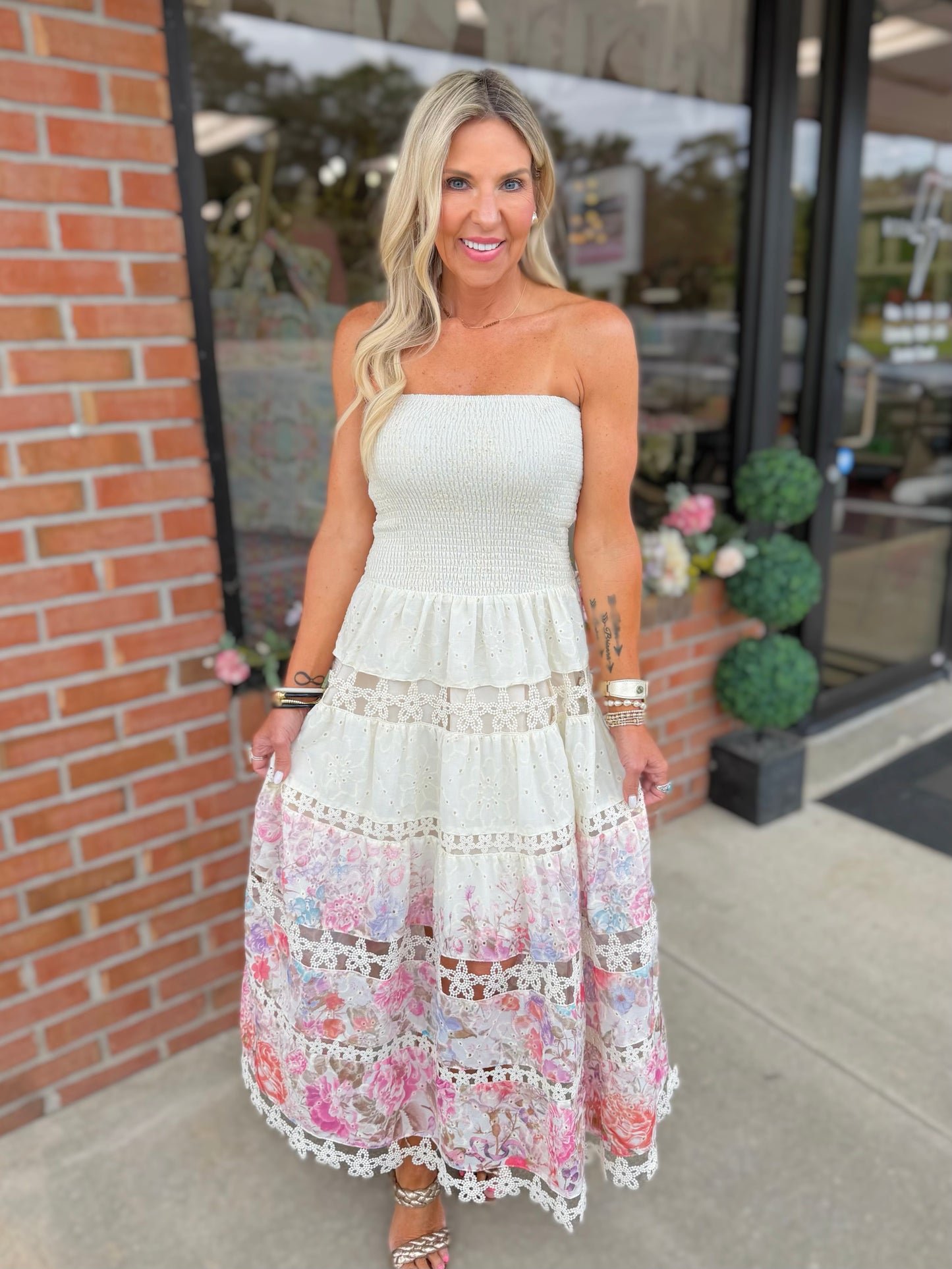 Eyelet Lace Tube Dress In Floral Print